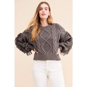 $113 LINE & DOT Revolve Designer Jasper Fringe Sweater Heavyweight Cable Knit M